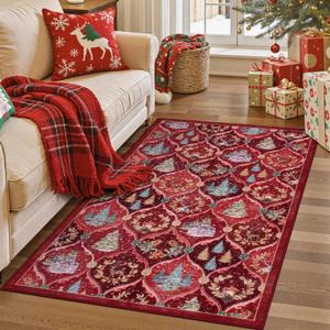 Lahome Christmas Area Rug 3x5, Washable Christmas Rugs for Living Room Bedroom, Soft Non Slip Red Xmas Low Pile Accent Carpet for Entryway Kitchen Winter Holiday Decor, Red