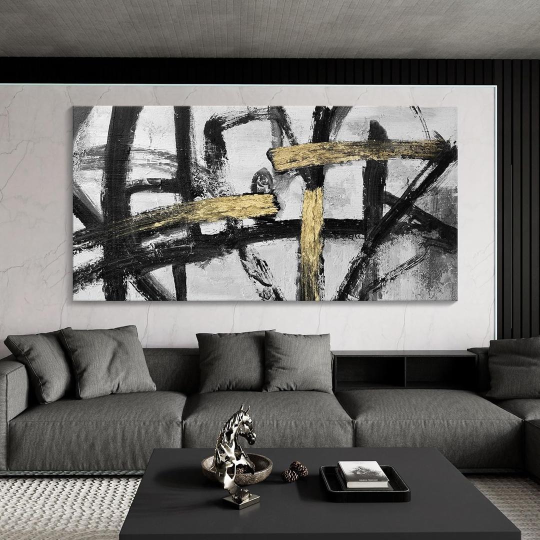Large Black and White Wall Art, Modern Paintings Gold Abstract Graffiti Canvas Artwork Wall Pictures for Living Room Bedroom Dining Room Home Office Decor 24x48 In Large Black and White Wall Art, Modern Paintings Gold Abstract Graffiti Canvas Artwork Wall Pictures for Living Room Bedroom Dining Room Home Office Decor 24x48 In