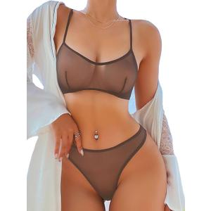 SOLY HUX Women's Mesh Solid Sheer See Through Lingerie Set Sexy Lace Bra and Panty 2 Piece Brown L