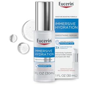 Eucerin Immersive Hydration Smoothing Face Serum, Ultra-Lightweight Hyaluronic Acid Serum Reduces the Look of Fine Lines and Wrinkles, 1 Fl Oz Bottle