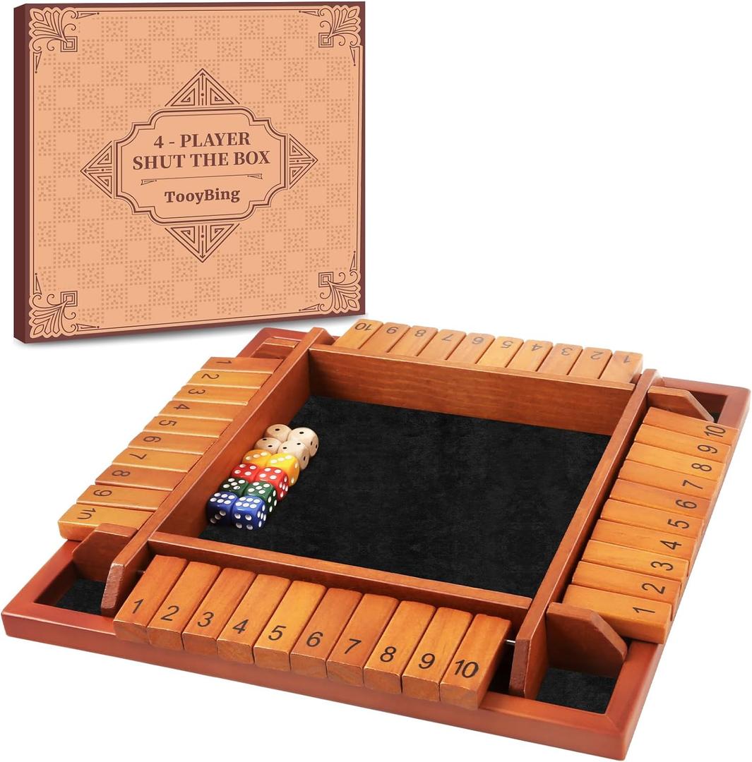 TooyBing Upgraded 1-4 Players Shut The Box Dice Game, Wooden Board Table Family Game for Kids and Adults with 12 Dice, Classic Tabletop Math Game for Pub Classroom Party, Gift for Christmas Birthday