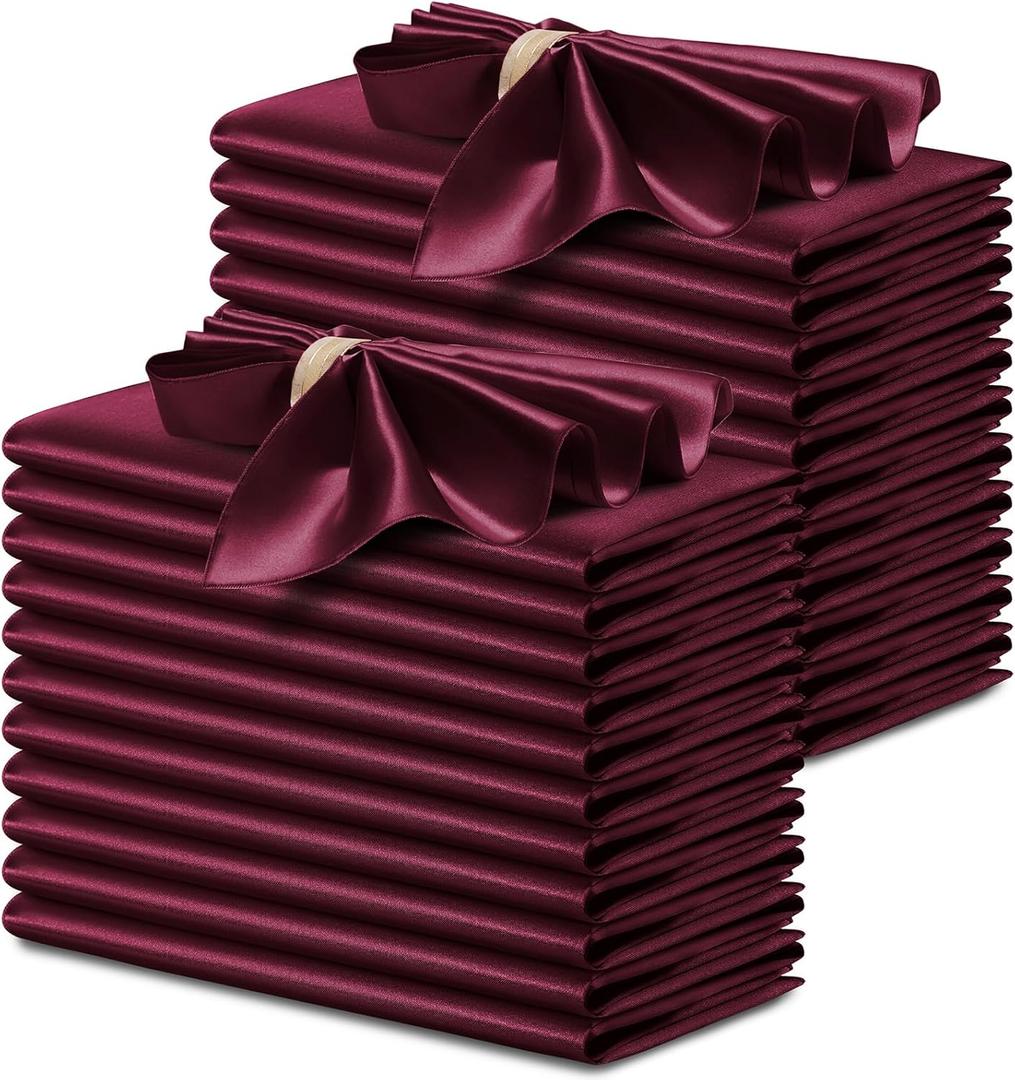 P Pothuiny 24 Pcs Silky Burgundy Satin Napkins 17 x 17 Inches, Square Smooth Wedding Dinner Napkins Satin Cloth Napkins Table Napkins for Banquet Party Restaurant Decor, Thanksgiving, Christmas