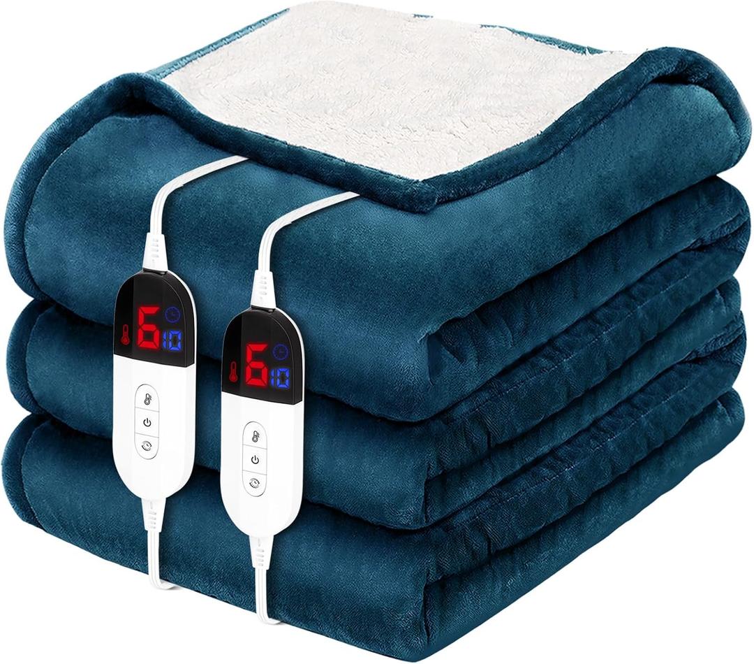 HOW'S MY HOUSE Heated Blanket 90" x 100", Dual Control Electric Blanket King Size with 10 Time Settings & 6 Heating Levels, Over-Heat Protection, Flannel Sherpa Super Cozy with ETL Certification, Blue