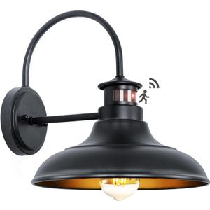 Motion Sensor Outdoor Barn Lights - Dusk to Dawn Farmhouse Gooseneck Barn Light, 12" Large Black Porch Light Fixture Wall Mount, Exterior Wall Lighting Fixture for Garage Patio Doorway, 1 Pack