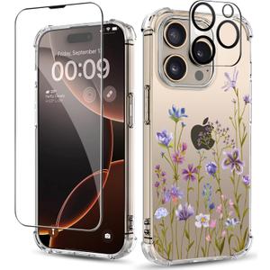 for iPhone 16 Pro Max Case,[3 in 1] with Screen Protector & Camera Lens Protector,Flower Pattern Design,Clear Soft Shockproof Slim Floral Phone Cover for Women Girls 2024 6.9"(Violets)