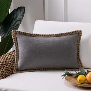Phantoscope Farmhouse Solid Throw Decorative Pillow Cover Burlap Linen Trimmed Tailored Edges Outdoor Pillow Grey 12 x 20 inches, 30 x 50 cm (Gray)
