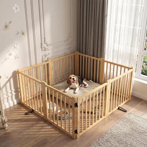 YOCAN Non-Painted Wooden Freestanding Dog Gate, Pet Gate for Indoor Use, Dog Fence for Doorways, Stairs & House, Step-Over Design, Easy to Install-8 Panel 23", Broken Bar