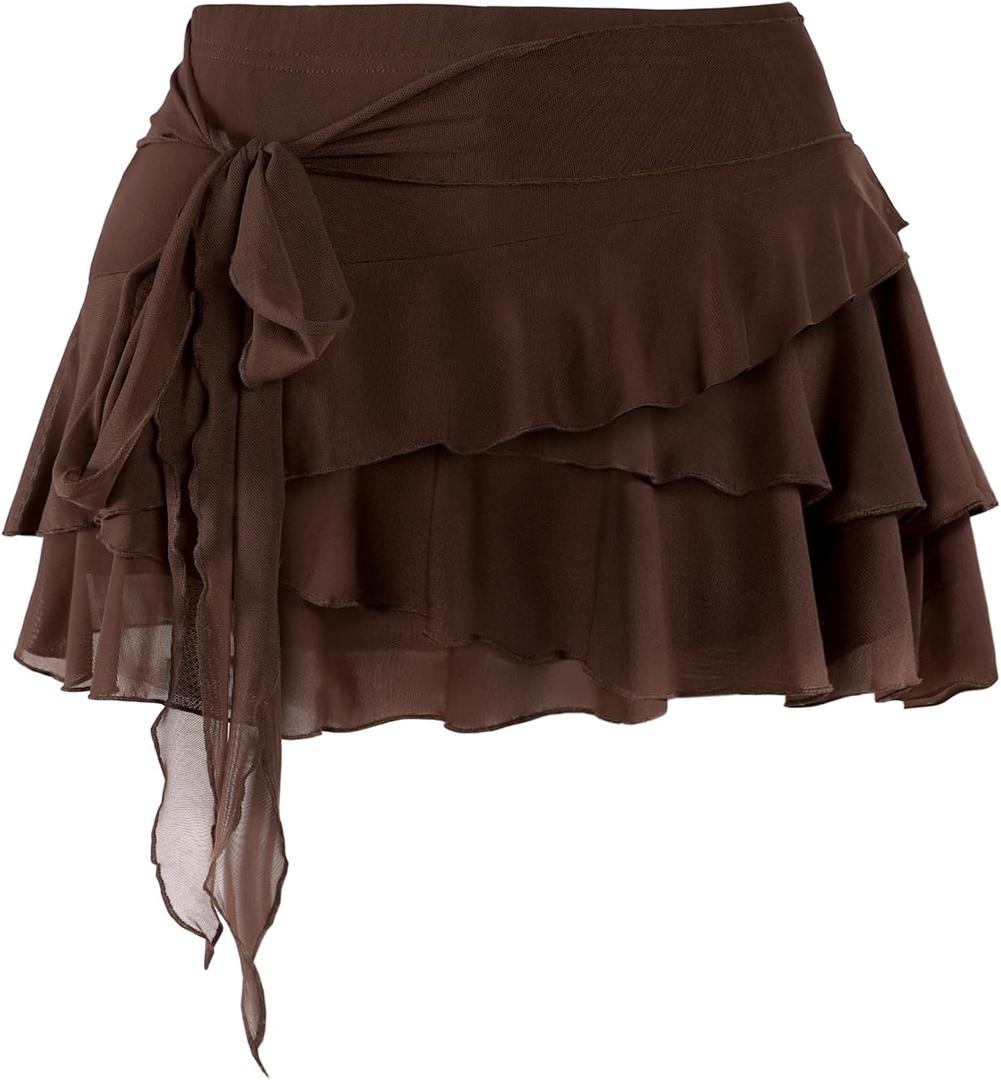SOFIA'S CHOICE Women Mesh Ruffle Mini Skirt Summer Flowy Tiered Layered Pleated Skirts with Built in Shorts (Brown, S)