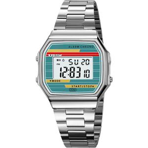 BESTKANG Retro Digital Watch Stainless Steel Band for Men Women | Alarm, Chrono, LED Light, 30M Waterproof, Vintage Electronic