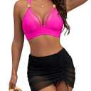 Blooming Jelly Womens High Wasited Bikini Sets Tummy Control Swimsuits Curvy Mesh Swim Skirt (Large, Hot Pink & Black)