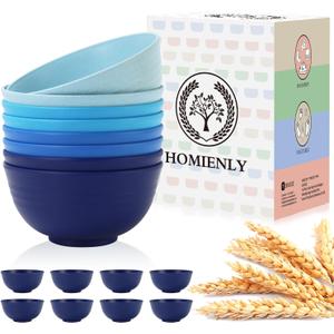 Homienly Wheat Straw Bowls, 8 PCS Microwave Safe Bowl Unbreakable for Salad, Soup, Cereal, Oatmeal, Reusable Plastic Bowls for Kithen, Family, Camping, Party, Dishwasher Safe, 26 OZ (Gradient Blue) (Ocean)