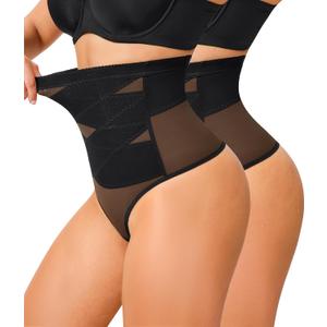 KUMAYES Tummy Control Shapewear Thong for Women - High Waisted Thong Compression Underwear Body Shaper Girdle Panty 2 Pack (Medium)