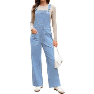 luvamia Jean Overalls for Women Loose Fit Baggy Wide Leg Bib Pocket Adjustable Straps Stretchy Denim Overall Jumpsuits (Medium, Azure Glow)