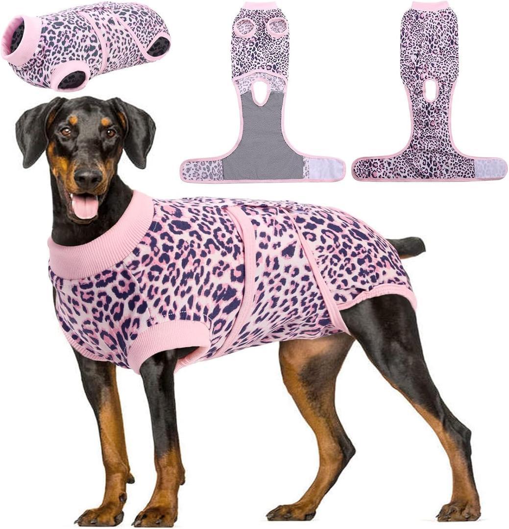 Kuoser Recovery Suit for Dogs, Comfy Dog Recovery Suit Female Doggie Onesie for Surgery, Post-Op Onesie for Female & Male Dogs, Soft Protective Wear, PinkLeopard XXL (Xxl (Back:24.8-29.5'', Weight:70+ Lb))