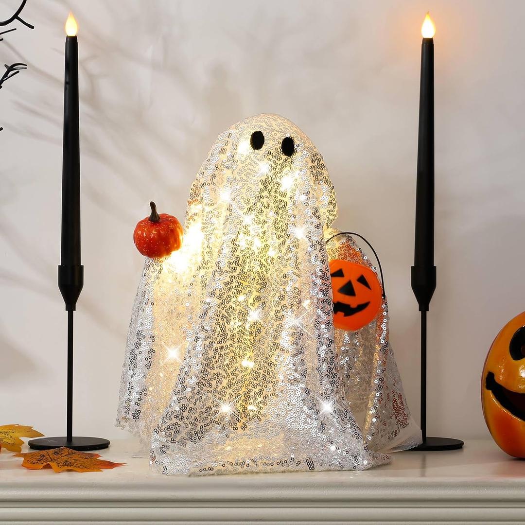 Yookeer Light up Ghosts Halloween Decorations Indoor Spooky Ghosts with Adjustable Arm Position Pumpkins and Baskets Halloween Table Decor for Home Room Kitchen Office Haunted(Silver,Shiny)