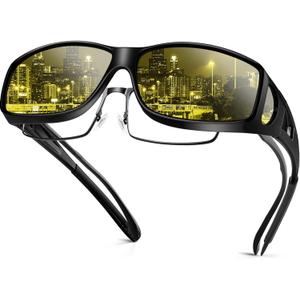 Night Driving Glasses Night Vision Glasses Fit Over Glasses Polarized Anti-Glare UV400 Gift for Men Women (Night Vision (Yellow Lens / Glossy Black Frame))