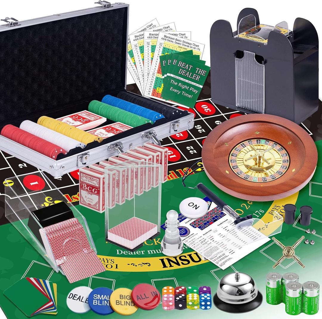 5 in 1 Super Casino Game Set: Blackjack/Texas Hold'em/Roulette/Craps/Poker Kit, 10" Wooden Roulette Wheel, Carrying Case with 360 Plastic Chips, 6 Deck Shuffler, 2 Double-Sided Rubber Mat And More