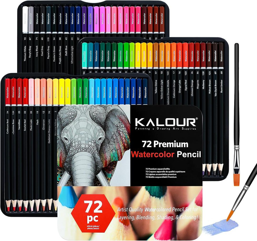 KALOUR 72 Watercolor Pencils Set, Water Soluble with 2 Brushes