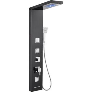 MENATT LED Shower Panel Tower System, Bathroom 5-Function Shower Panel Tower with LED Rainfall Waterfall Shower Head, Massage Jets, Tub Spout, Handheld Shower, Black