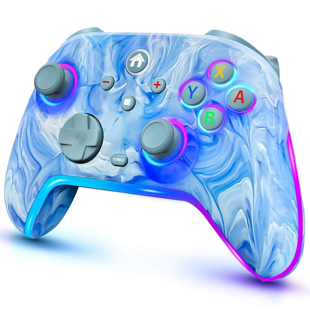 Wireless Switch Controllers for Nitendo Switch/OLED/Lite, 1200mAh Switch Pro Controller with 10 Color Light Modes, Rechargeable Switch Turbo Control with Vibration, 6-Axis Gyro, Turbo, Wake Up (Tie-dye Blue)