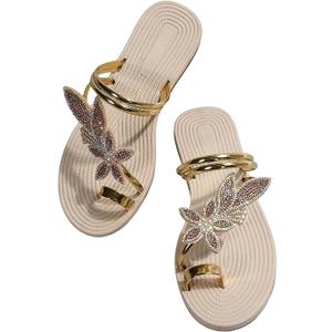 GORGLITTER Women's Butterfly Metallic Sandals Dressy Sparkly Rhinestone Strappy Toe Ring Slide Flats Sandal, Size 43