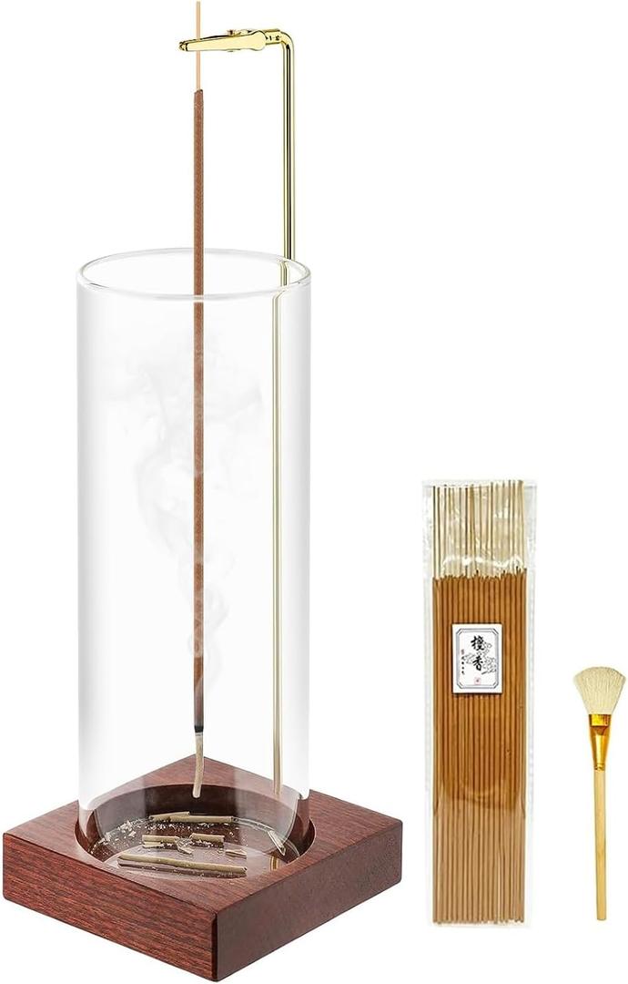 Incense Holder,Wooden Incense Holder for Sticks with 20 Incense Sticks, Anti-ash Incense Burner with Glass Ash Catcher for Meditation Yoga Spa Gift Home Decor (1 Pack)