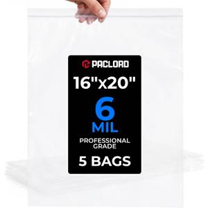 16" x 20" Extra Large Reclosable Plastic Zip Bags, 5 Count | 6 Mil Heavy-Duty Clear Poly Bags, Resealable for Food, Clothes, Hardware, Home & Garage Storage