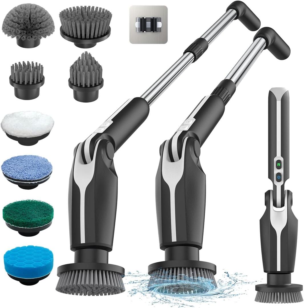 Leebein Electric Spin Scrubber, Shower Scrubber with 4 Adjustable Angles and 8 Brush Heads, Electric Scrubber with Long Handle & Remote Controller, Cleaning Brush for Bathroom, Tub, Floor (Black)