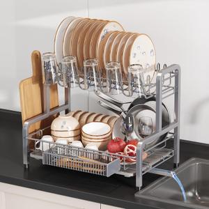 2 Tier Dish Drainers Drying Rack for Kitchen Counter Large Stainless Steel Dishes Drain with Drainboard, Space Saving, Big Modern Silver Countertop Metal Plates Dryer Strainer Holder and Extra Tray