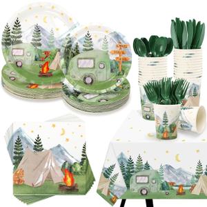 Camping Party Tableware Supplies Serves 20 Guests- Plates, Cups, Napkins, Table Cover, Cutlery Set- Kids Forest Adventure Green Favors for Boys Girls Party Ideas Decoration