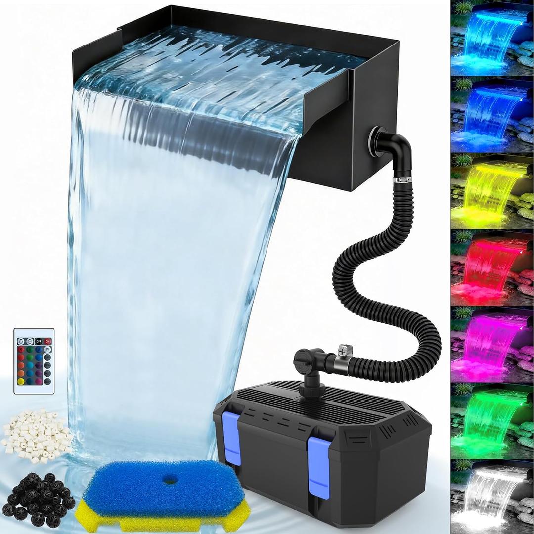 All-in-1 Pond Waterfall Kit | 40W 850GPH Pond Filter Pump with 12" Stainless Steel Spillway | Remote Control LED Lights | 4-Stage Filtration System for Backyard Garden & Outdoor Water Feature
