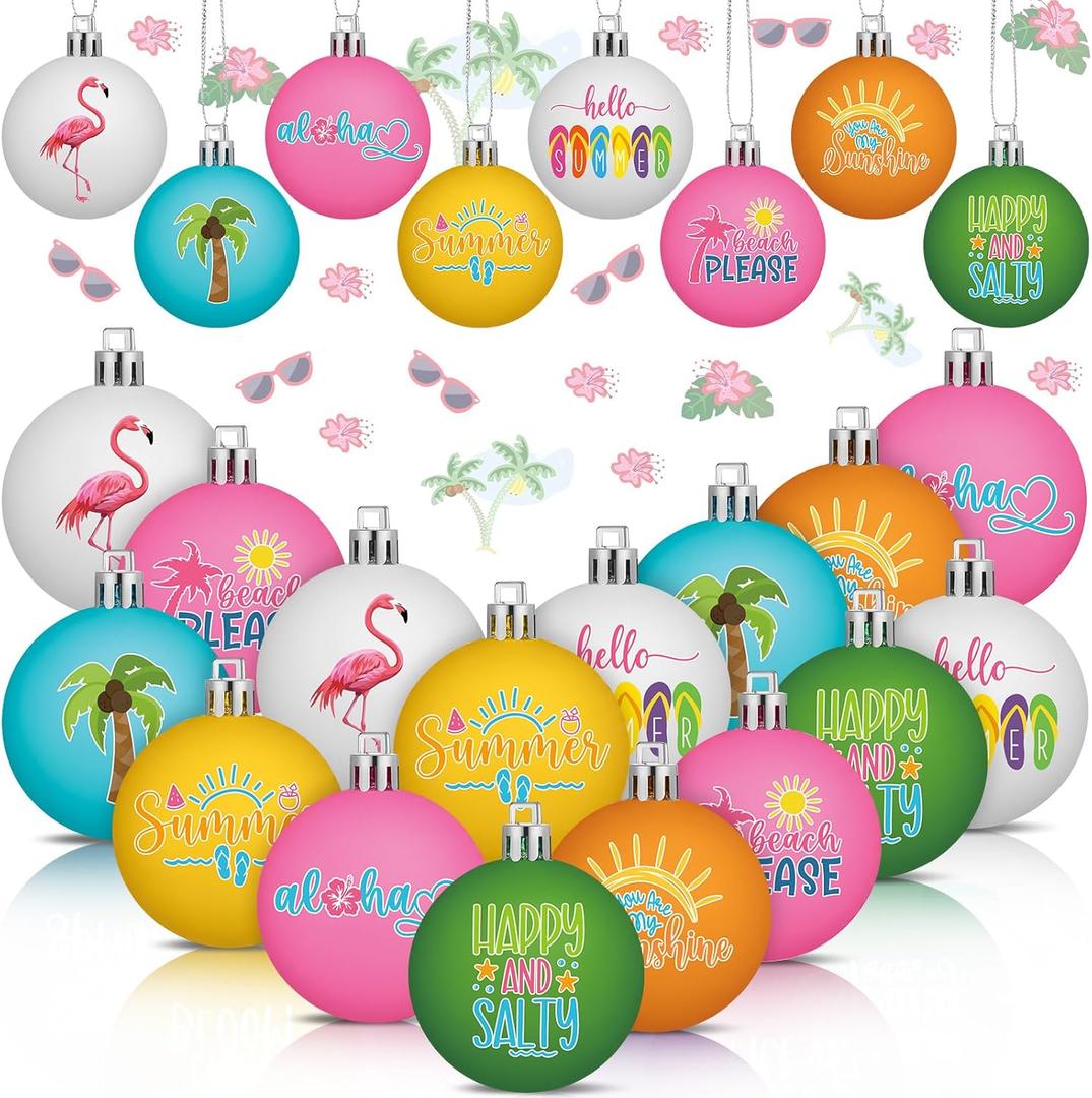 VIHOSE 40 Pcs Summer Ball Ornaments Colorful Hawaiian Ornaments for Tree 1.18" Flamingo Sun Coconut Palm Hanging Decorations Pink Blue Hanging Summer Beach Plastic Balls for Home Decors Holiday Party