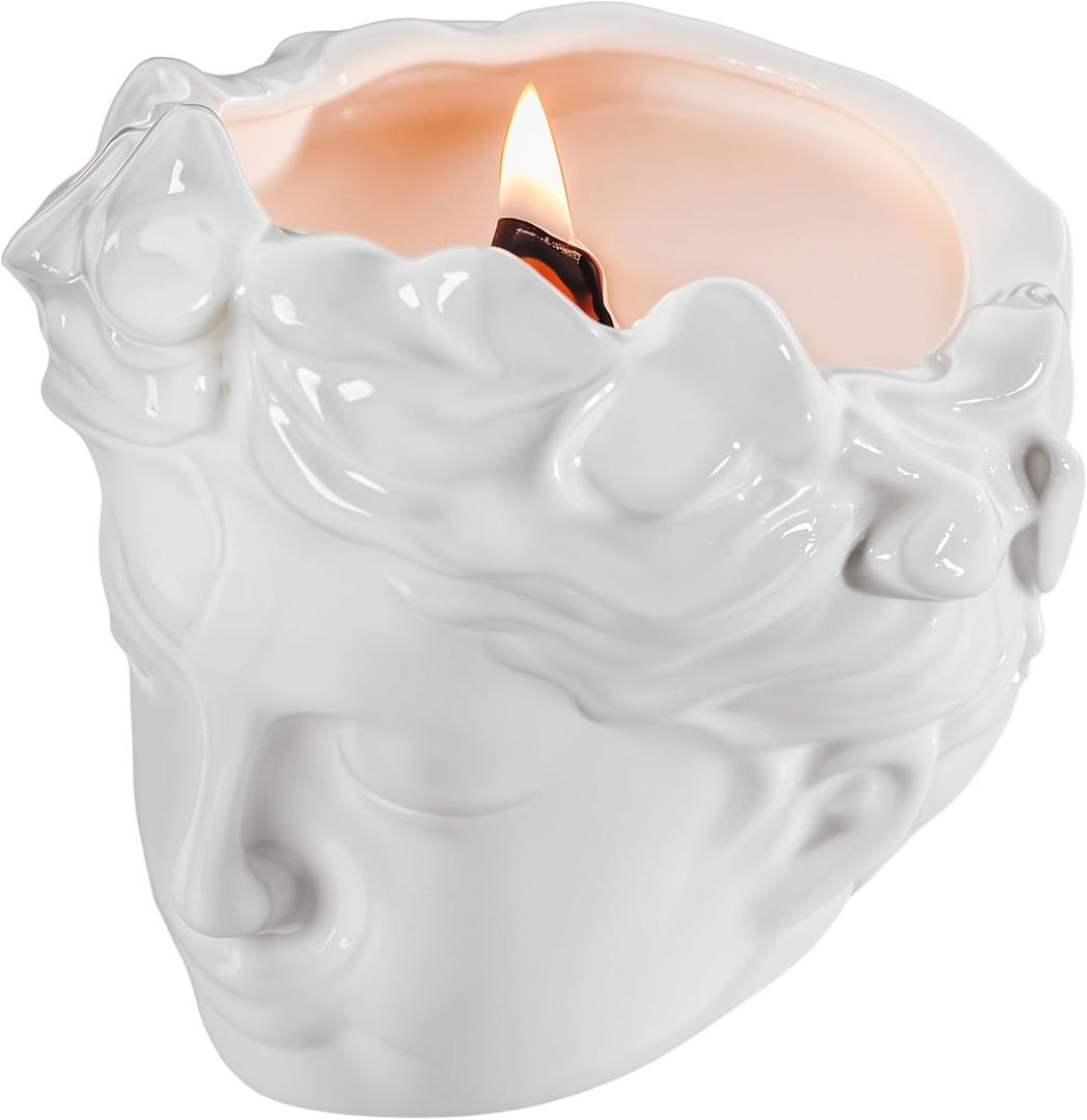 Wood Wick Candles That Crackle - Vintage Anthropologie Candles - Dark Academia Decor - Soy Wax Ceramic Jar Sculpture, Aesthetic, Cute - Unique Decorative Candle Gift - Lavender Scent - 60 Hour Burn (White)