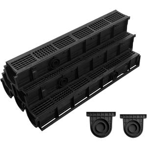 Driveway Channel Drain with HDPE Grate-39.4x6.1x5.5in Deep Profile Trench Drain System for Garage,6 Pack Total Length 236.22in,Heavy Duty Trench Drain for Parking Lot,Concrete