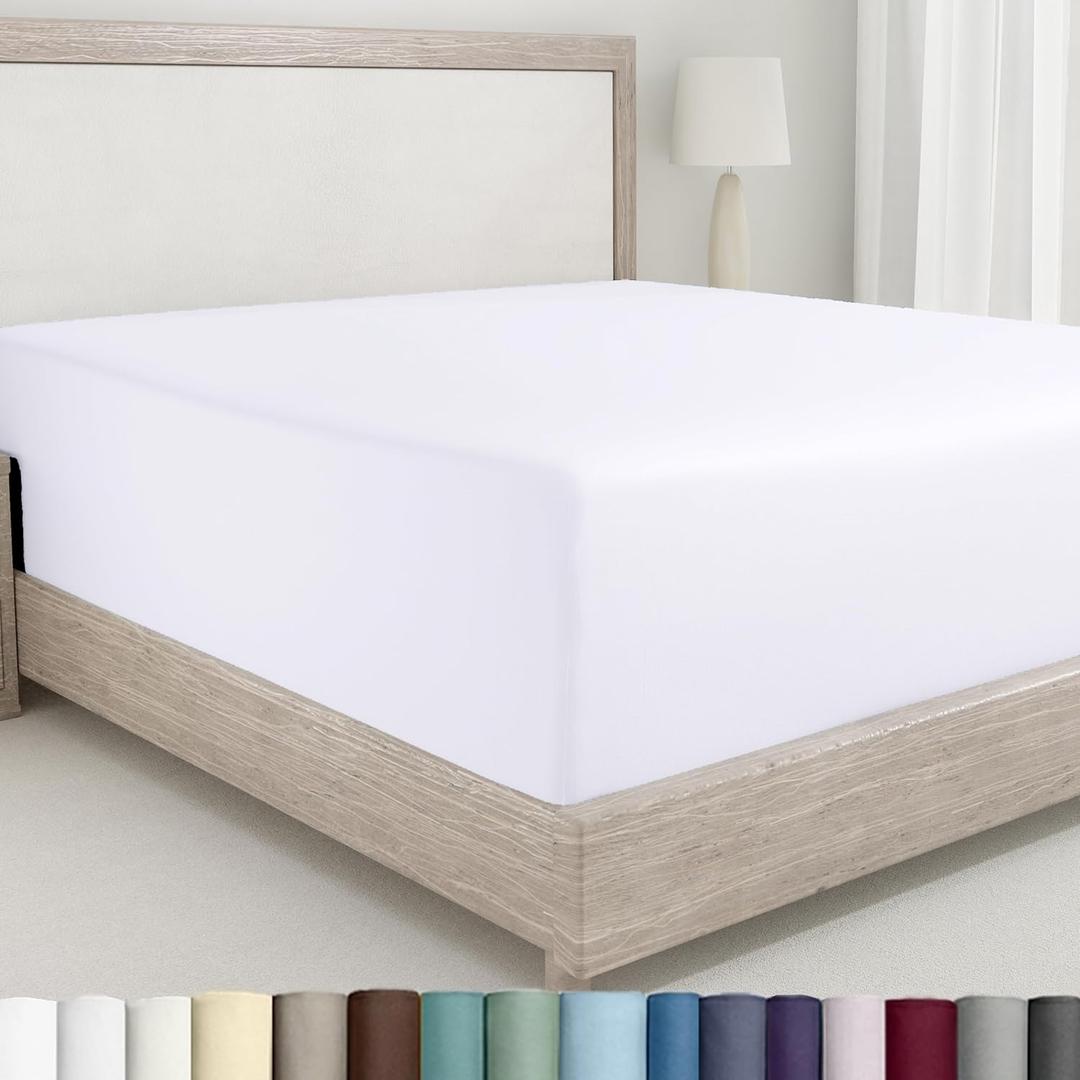California Design Den Queen Fitted Sheet Only - 100% Cotton 400 Thread Count Sateen, Deep Pocket Fitted Sheet Queen, No-Pop Off Elastic - White