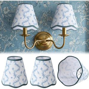 VIHOSE 2 Pcs Small Scalloped Lamp Shades Chandelier Lamp Shades 3 x 6 x 6 Inch Blue and White Linen Fabric Mini Scallop Lampshades with Trim Natural Tapered Lampshades for Wall Sconce Pendant Light