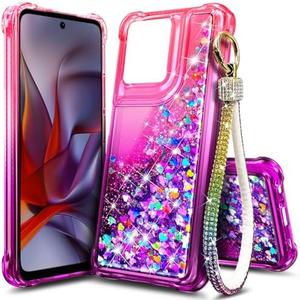 WDHD Compatible with Motorola Moto G-2025 Case Pink/Purple | Bling Sparkly Glitter Floating Liquid Waterfall Cute Phone Cover for Women Girls Kids with Diamond Wrist Strap Lanyard