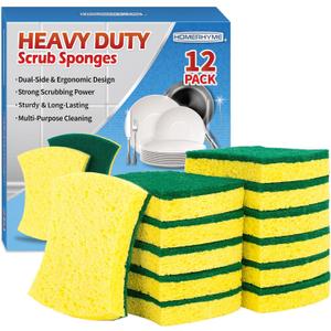 Heavy Duty Sponges, 12 Pack Cellulose Scrub Sponge, Dual-Sided Kitchen Sponge, Multipurpose Sturdy Ergonomic Design for Kitchen Dishwashing, Uncoated Cookware, Sink, and Countertops (Green/Yellow)