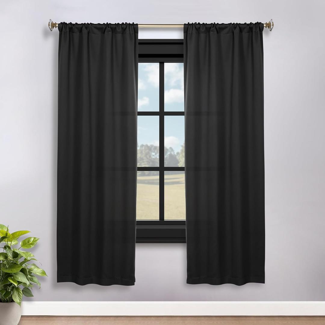 Superior Blackout Curtains, Room Darkening, Bedroom, Drapes, Kitchen, Living Room Window Accents, Sun Blocking, Thermal, 2 Pack, Solid Blackout Curtains, Set of 2, 36" x 72", Black