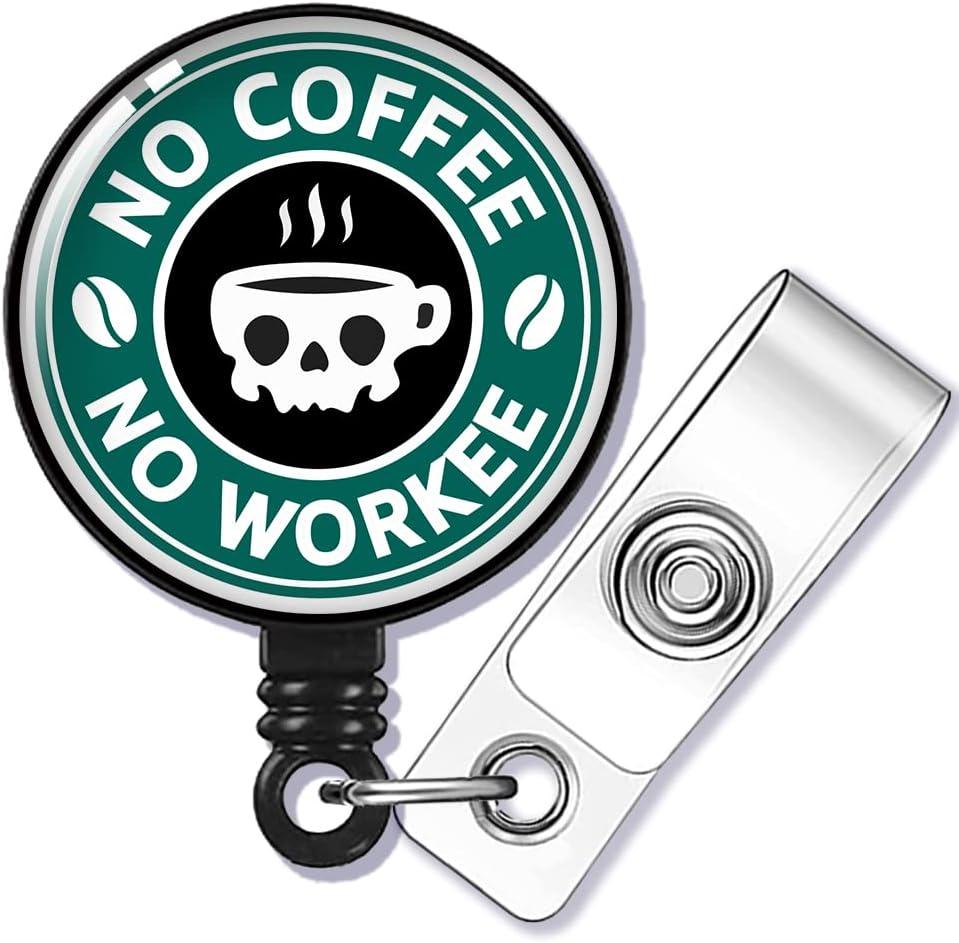GEYGIE No Coffee No Workee Badge Reel Retractable with Alligator Clip, Funny Skeleton ID Badge Holder Gift for Nurse Doctor Radiology X-Ray Orthopedics Office Worker Boss Colleague Social Worker