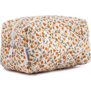 LYSANDE Puffy Quilted Makeup Bag, Toiletry Tote, Cosmetics Pouch, Quilted Floral Tote, Cosmetic Bag with Orange Flowers
