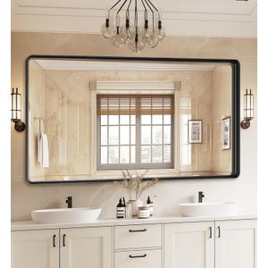 Black Bathroom Mirror 55x30 Inch, Rounded Corner Rectangle Mirror with Metal Deep Frame, Wall Mirrors for Over Sink, Vanity, Bedroom, Bathroom, Hangs Horizontally or Vertically