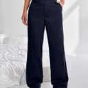 EVALESS Women's Elastic High Waist Straight Leg Pants Business Casual Work Pants Fall 2025 Button Down Zip Up Office Outfits Trousers with Pockets Navy Blue Small (Black, S)