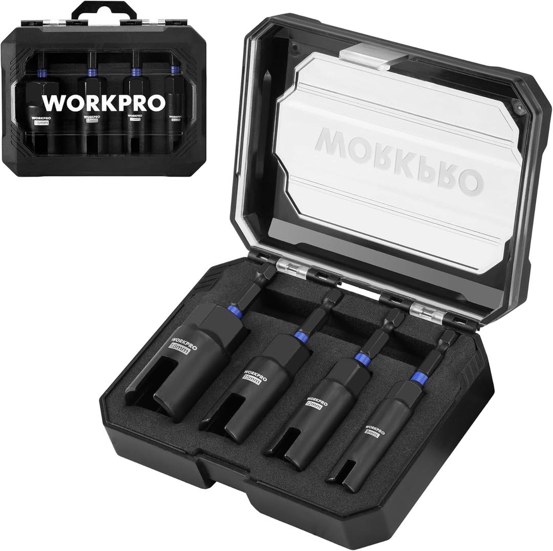 WORKPRO Wing Nut Driver Set 4 PCS, Power Wing Nut Driver Bit (9mm,12mm,15mm,18mm), 1/4 Inch Hex Shank Nut, Wing nut socket with EVA Storage for Wing Nut, Eye Bolt, Wire Twisting