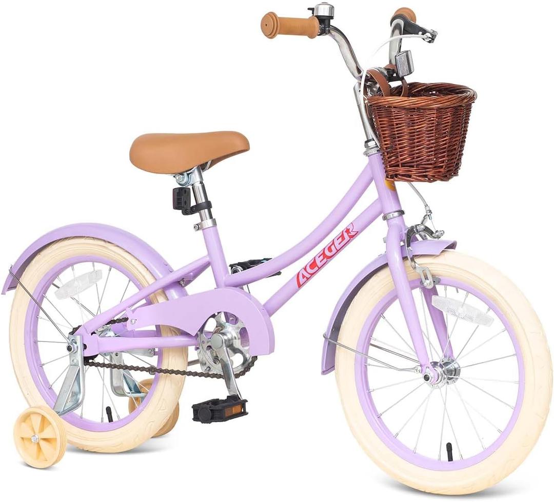 ACEGER Retro Princess Kids Bike with Basket for 3-12 Years Old Girls, Included Coaster Brake & Caliper Brake, Purple, 16 Inch With Training Wheels & Kickstand