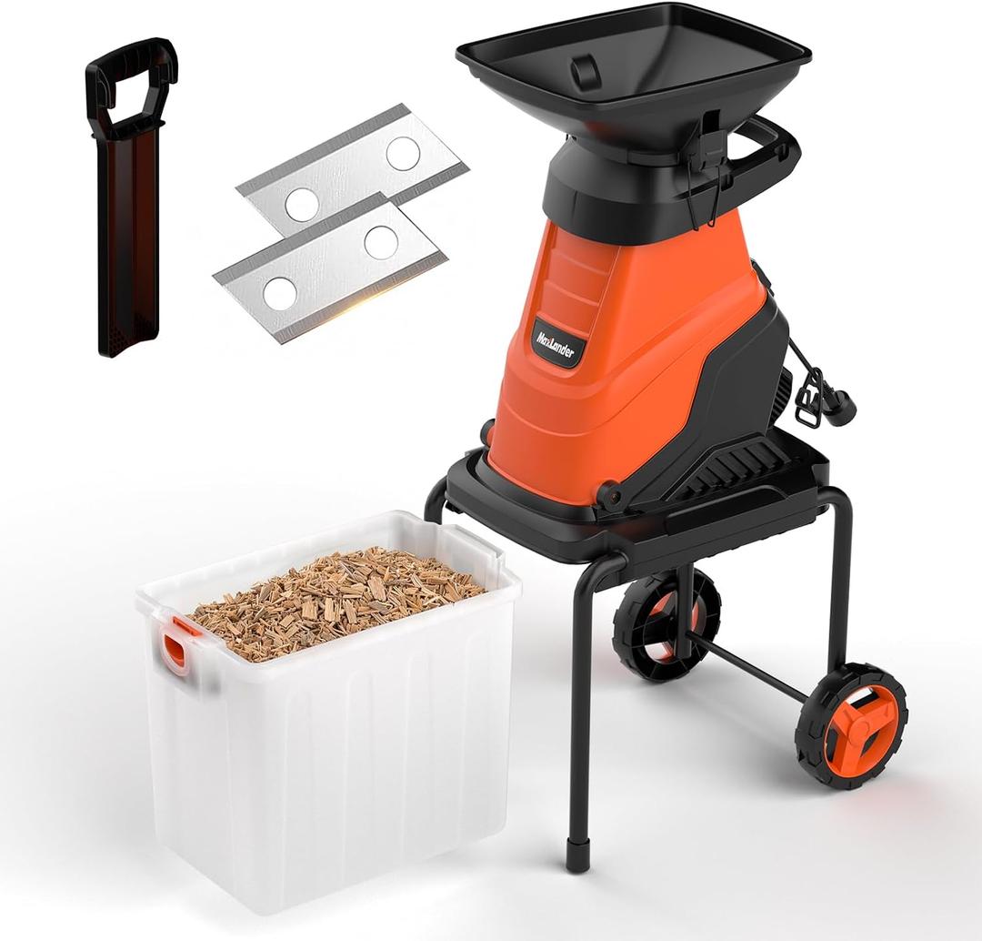 MAXLANDER 15-Amp Electric Wood Chipper Shredder, 1.78-Inch Cutting Capacity, 15:1 Reduction Ratio, Yard Mulcher with 50L Collection Bin, Corded Garden Shredder for Branches & Twigs
