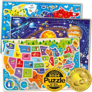 QUOKKA Puzzles for Kids Ages 4-6 - 3 Set Toddler Kids Puzzles Ages 3-5 - Learning United States Games for Childrens 6-8 - Educational Toys for 3 Year Old Boys and Girls - Award Winning (Wooden Maps)