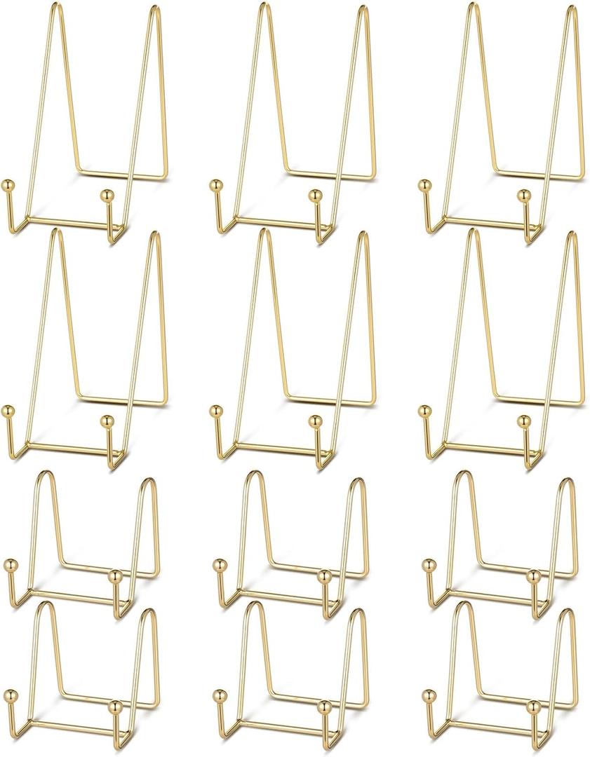 Dimeho 12 Pcs Plate Display Stands Gold Photo Holder Metal Easel Holders Picture Frame Stands for Tabletop Decorative Display Book Creation Collectibles Plaque Art