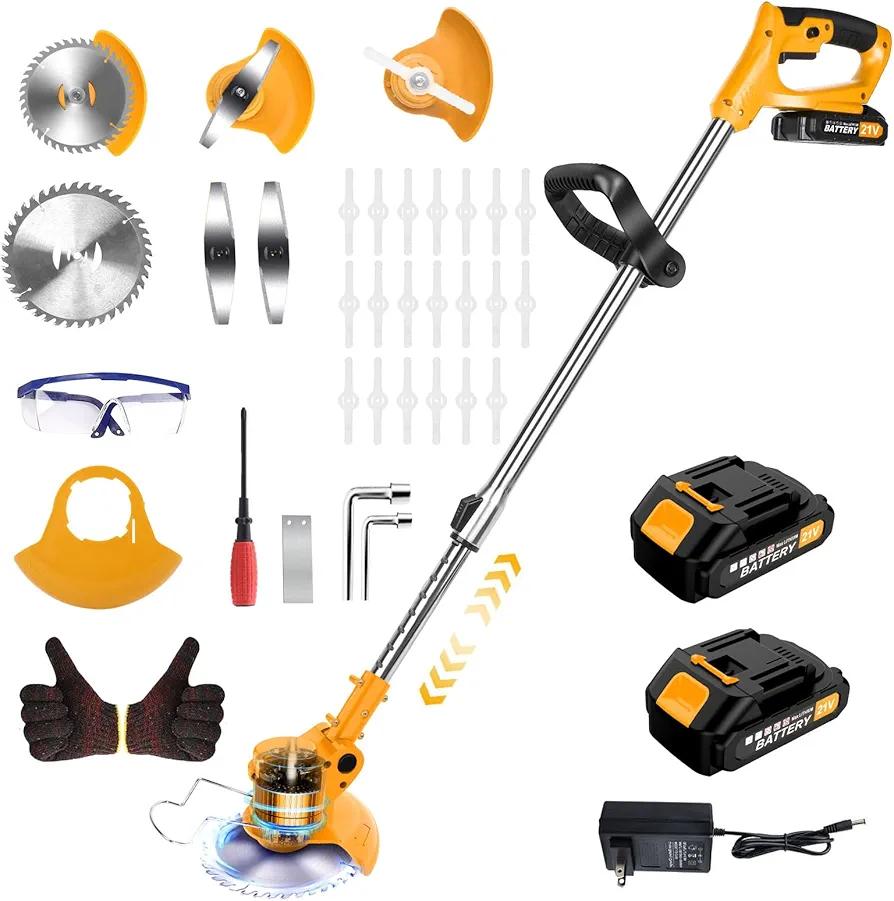 20000 RPM Electric Weed Wacker Cordless Eater, 21V Height Adjustable 6" Heavy-Duty Garden Edger Brush Cutter Cordless, Grass Trimmer Lawn Mower Trimmer with Blades, 2 Batteries, Charger (Yellow)