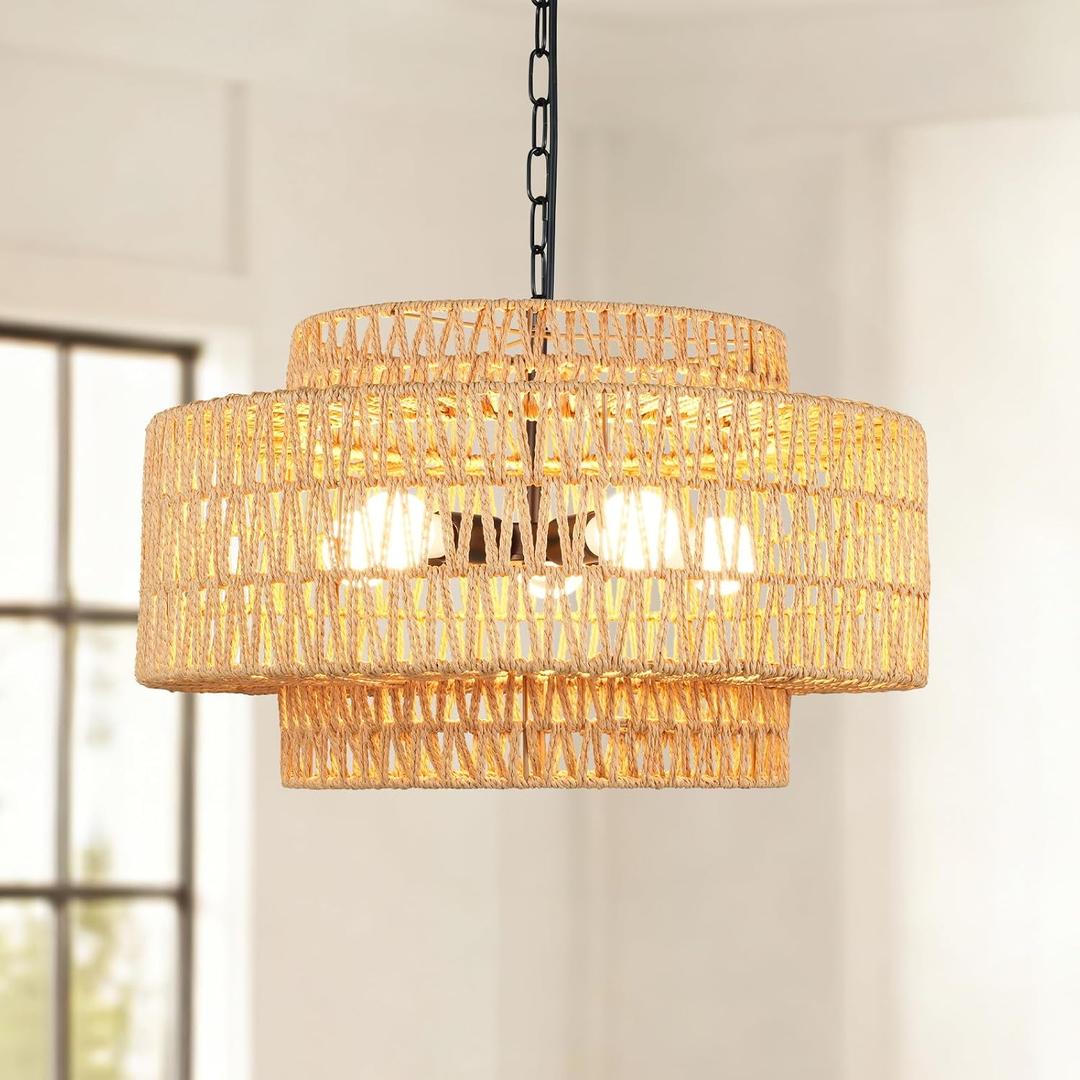 24" Large Rattan Chandelier, 6-Light Boho Dining Room Light Fixture Over Table, Natural Handwoven Wicker Pendant Lamp for Living Room, Coastal Farmhouse Hanging Ceiling Light